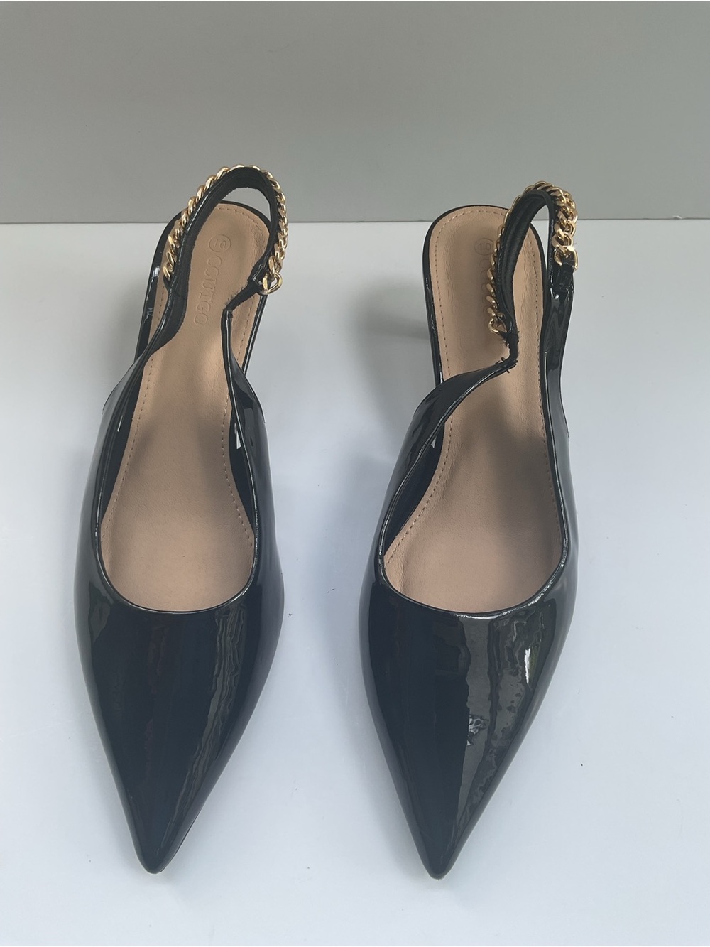 COUTGO Women Size 10 Black Patent Slingback Kitten Heels Gold Chain Pointed Toe - Picture 4 of 10